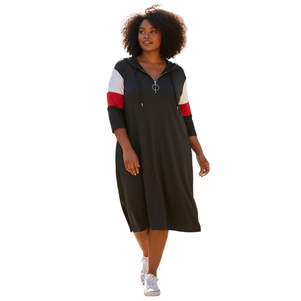 Vibe Sportswear Womens Hooded Colorblock Black Red Quarter Zip Midi Dress 2X